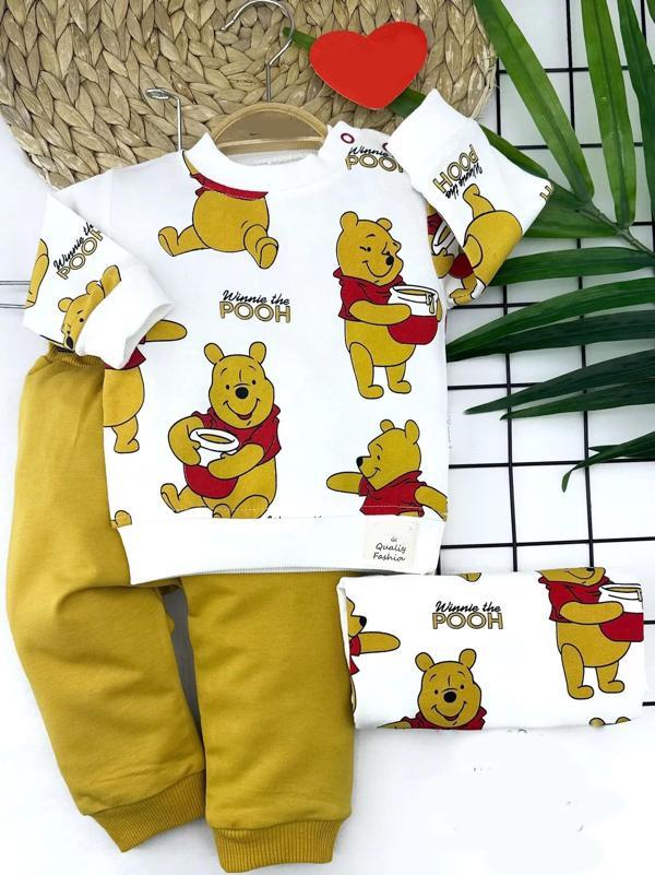9-12-18-24 Ay Pooh Baskılı Yaka Çıtçıtlı Uzun Kollu Sweatli 2li Kız Erkek Bebek Takımı Sarı - Image 1