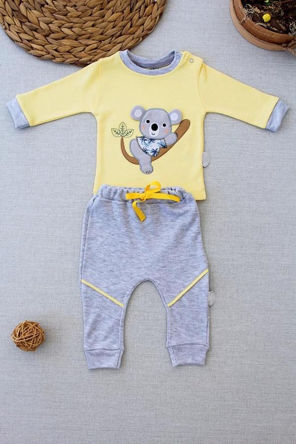 3-6 6-9 9-12 12-18 Ay Yavru Koala Nakışlı Uzun Kollu Sweat 2li Kız Erkek Bebek Takımı Sarı - Image 1