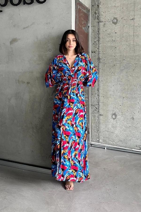 Dokuma baskılı yarasa kol elbise s8124 - Image 1