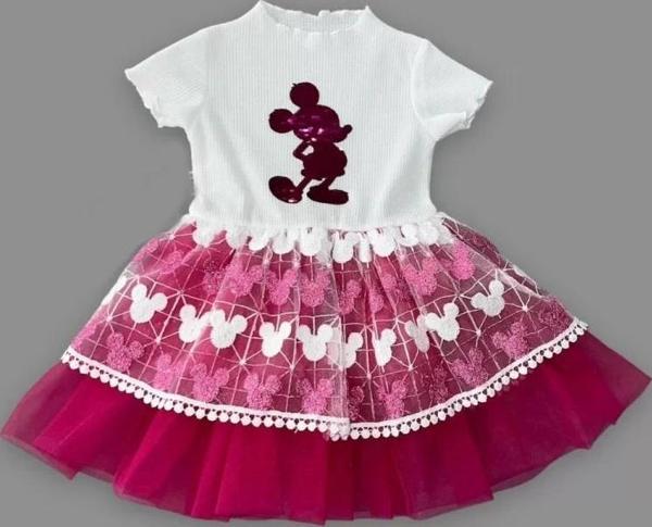 1-2-3 Yaş Payetli Mickey Baskılı Brode Etekli Kız Bebek Elbisesi Fuşya - Image 1