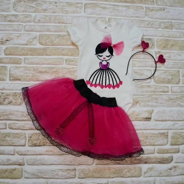 9-12-18 Ay Kalp Kız Nakışlı Taçlı Kısa Kollu Tütü Etek 3lü Kız Bebek Takımı Fuşya - Image 1