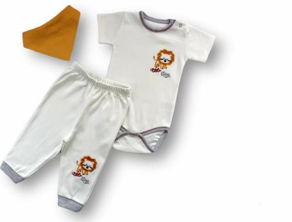 3-6 6-9 9-12 Ay Yavru Aslan Nakışlı Bandajlı Kısa Kollu Zıbınlı 3lü Erkek Bebek Takımı Ekru - Image 1