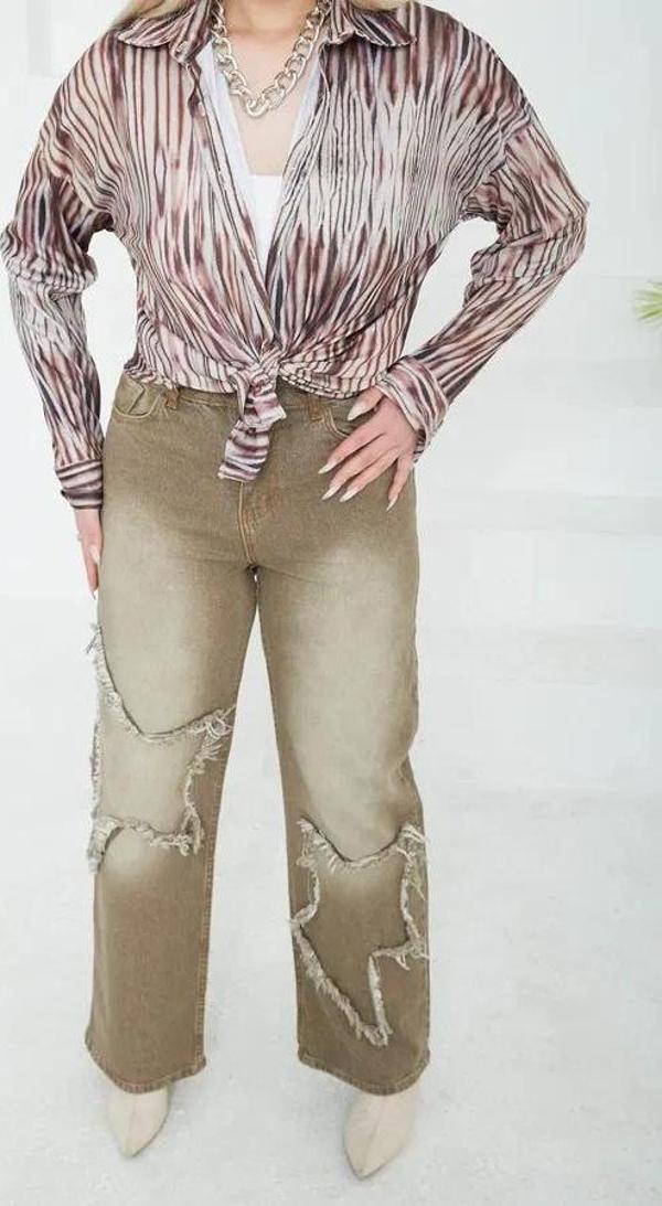 Kadın Yüksel Bel Püskül Detaylı Palazzo Jean Kot Pantolon - Image 1