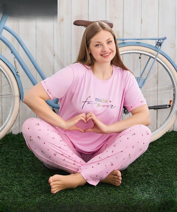 Pijamoni Kadın Milan Büyük Beden Bisiklet Yaka Kısa Kol İnce Pijama Takımı 7665/17 - 1 Adet - Image 1