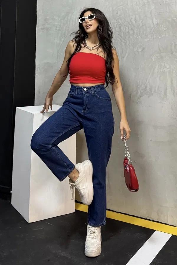 Düz Orta Kadın Mavi Slim Fit Mom pantolon - Image 1