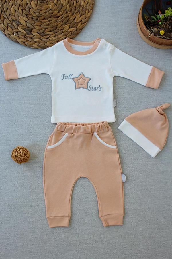 3-6 6-9 9-12 Ay Full Star Nakışlı Şapkalı Uzun Kollu Sweat 3lü Erkek Bebek Takımı Buğday - Image 1