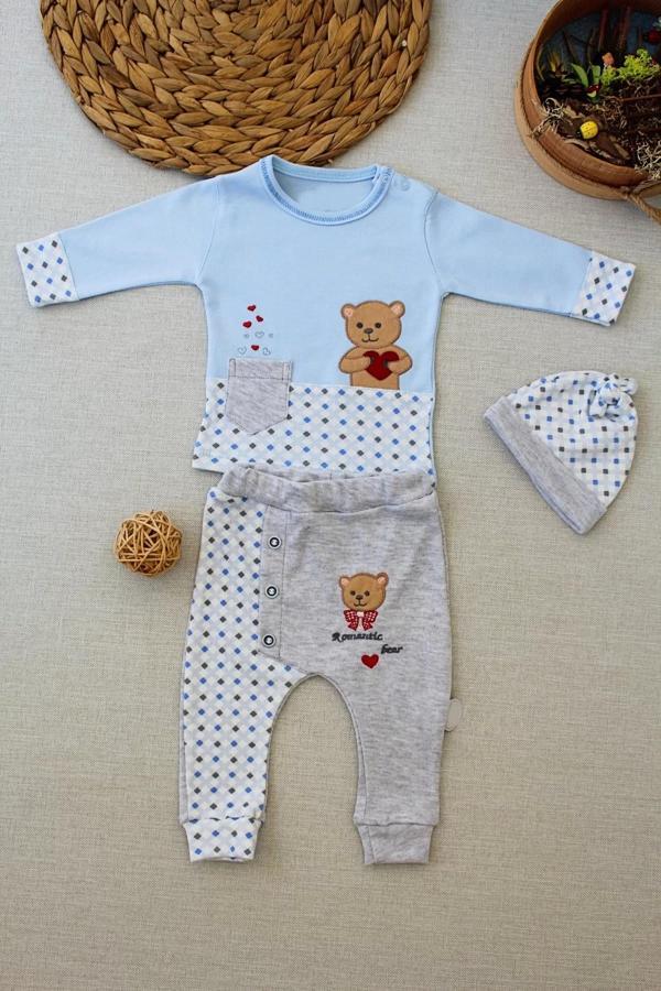 3-6 9-12 12-18 Ay Romantik Ayıcık Nakışlı Şapkalı Uzun Kollu Sweatli 3lü Kız-erkek Bebek Takımı Mavi - Image 1