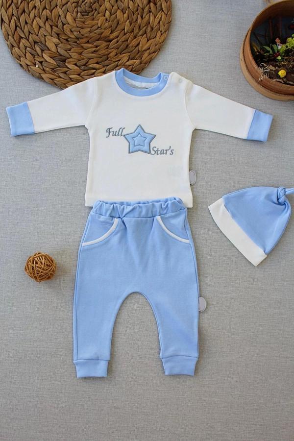 3-6 6-9 9-12 Ay Full Star Nakışlı Şapkalı Uzun Kollu Sweat 3lü Erkek Bebek Takımı Mavi - Image 1
