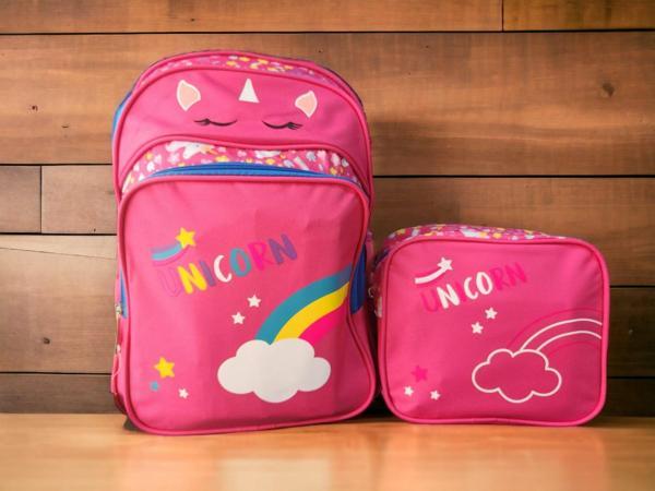 Pembe UNICORN & Gökkuşağı Baskılı İlkokul Çantası ve Beslenme Çantası - Image 1