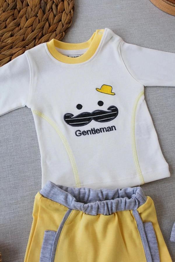 3-6 6-9 9-12 Ay Gentleman Erkek Nakışlı Şapkalı Uzun Kollu Sweat 3lü Erkek Bebek Takımı Sarı - Image 1