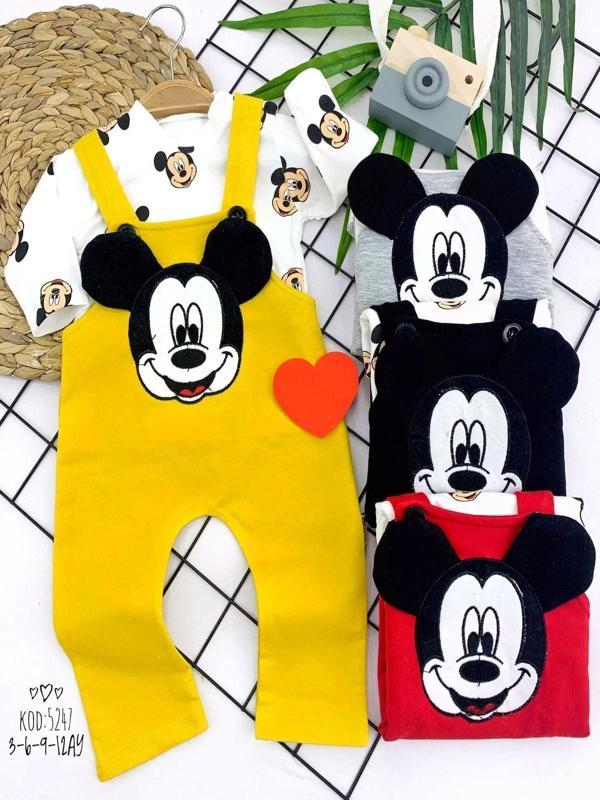 3-6-9-12 Ay Mickey Figürlü Uzun Kollu Baskılı Sweatli 2li Kız Erkek Bebek Salopet Takımı Sarı - Image 1