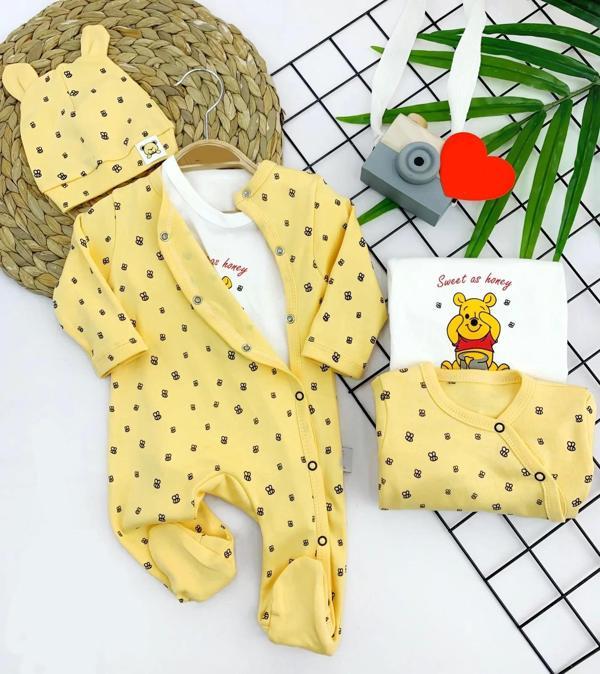 3-6-9-12 Ay Pooh Desenli Şapkalı Sweatli 3lü Kız Erkek Bebek Tulum Sarı - Image 1