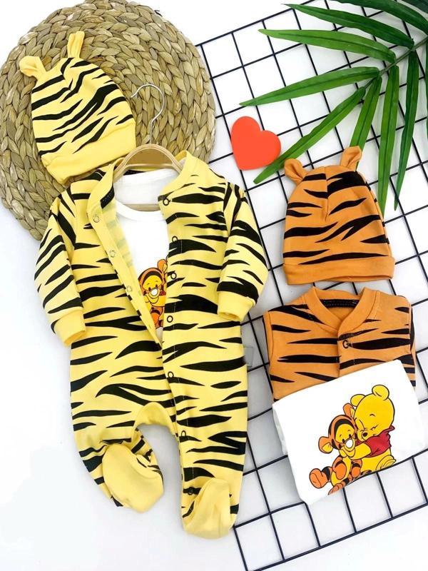 3-6-9-12 Ay Pooh Desenli Zebra Çizgili Şapkalı Sweatli 3lü Kız Erkek Bebek Tulumu(sarı) Sarı - Image 1