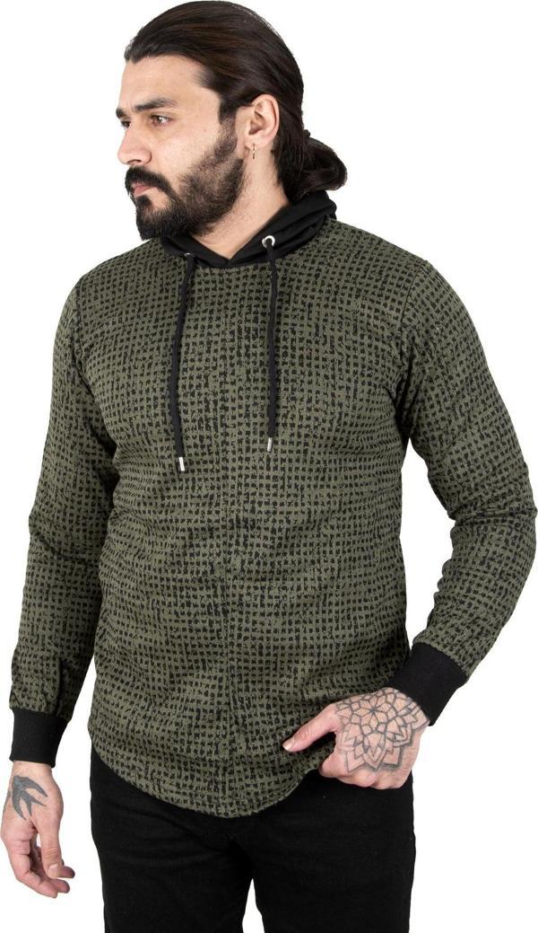 DeepSEA Erkek Haki Piksel Detaylı Kolları Ribanalı Eteği Oval Kesim Kapüşonlu Sweatshirt 2303084 - Image 1