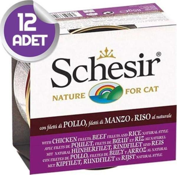Schesir Doğal Tavuk Sığır Eti Ve Pirinçli Kedi Konservesi 85 Gr X12 - Image 1