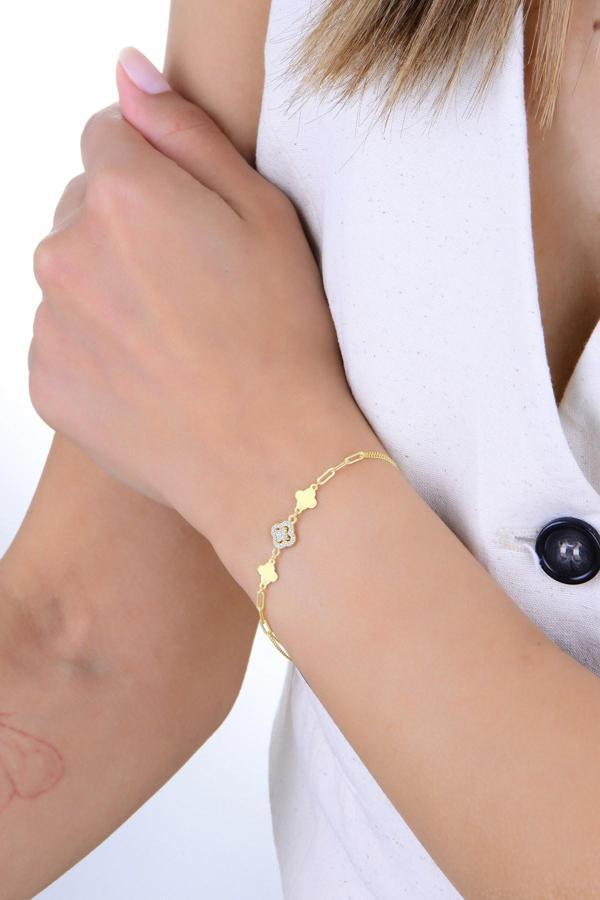 Gümüş altın yaldızlı zirkon taşlı ataç zincir detaylı yonca modeli bileklik [barcode] - Image 1