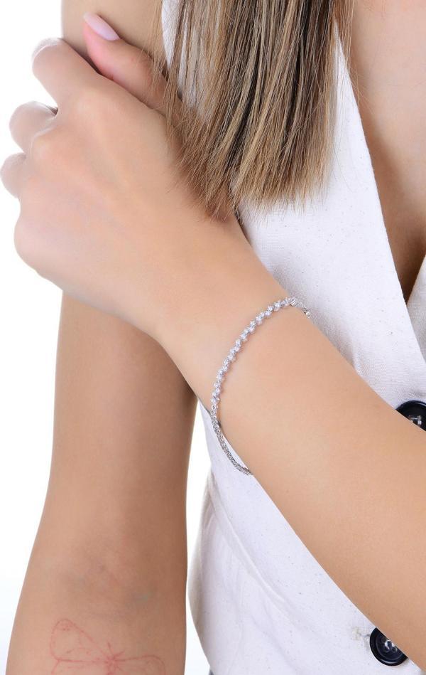 Gümüş beyaz altın rodyumlu pırlanta modeli zirkon taşlı su yolu gümüş bileklik [barcode] - Image 1