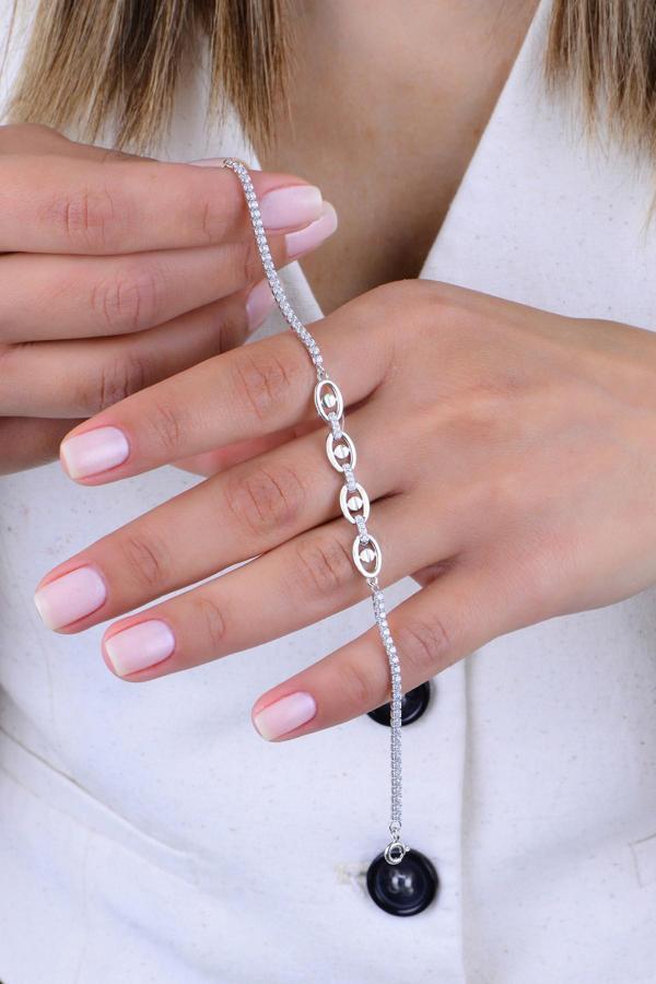 Gümüş rodyumlu pırlanta modeli zirkon taşlı çivi desenli oval su yolu bileklik [barcode] - Image 1