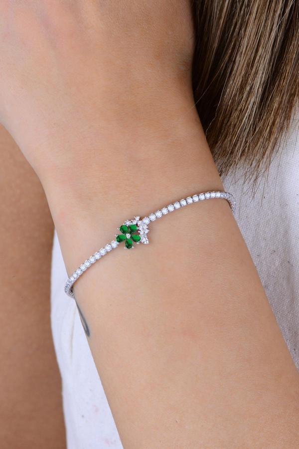 Gümüş rodyumlu pırlanta modeli zümrüt ve zirkon taşlı bahar çiçekleri su yolu bileklik [barcode] - Image 1