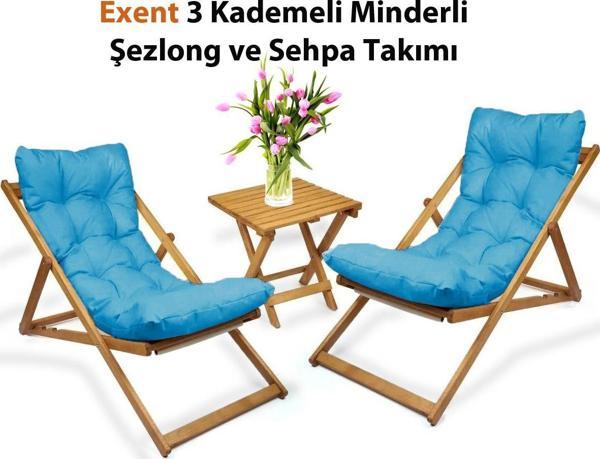 Exent 3 Kademeli Minderli Şezlong ve Sehpa seti-MAVİ - Image 1