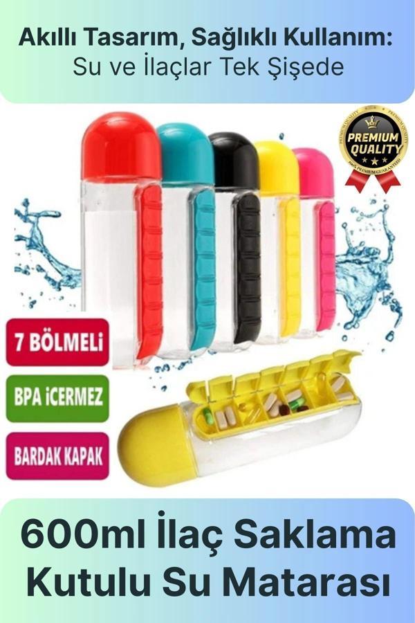 Özel Üretim Pillbox Suluk Organizer %100 BPA İçermez 7 Gün Hap İlaç Saklama Kutulu 600ml Su Matarası - Image 1