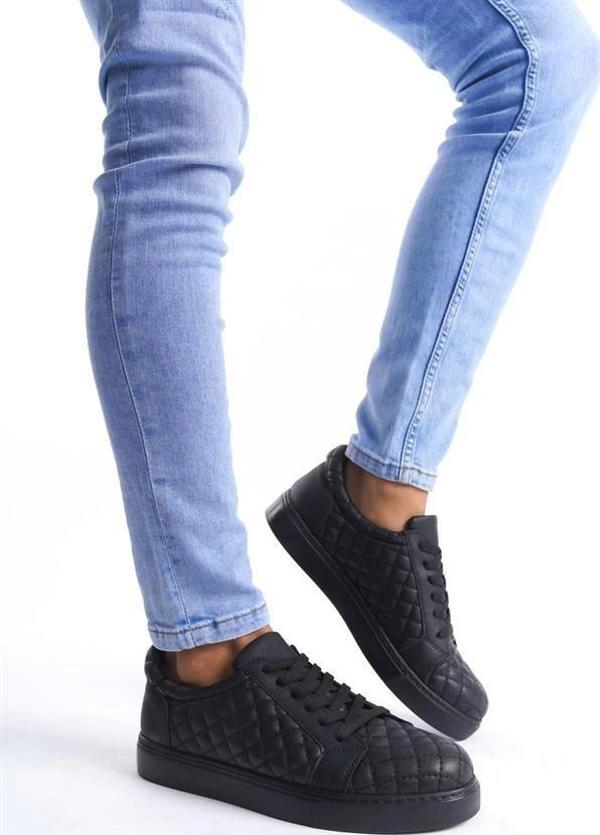 SLW166 Prestige Bağcıklı Cilt Kapitone Desenli Erkek Günlük Sneaker Ayakkabı CST - Siyah - Image 1