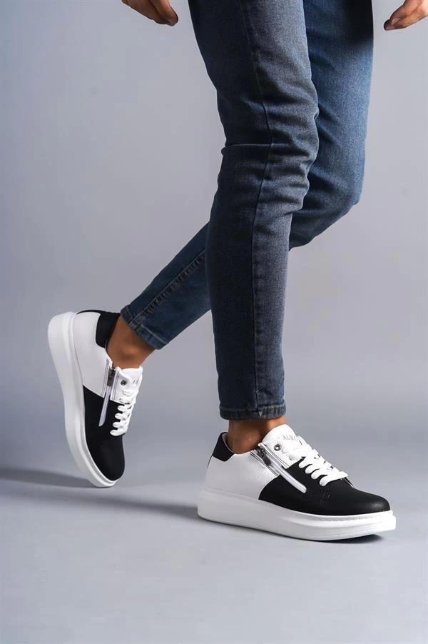 SLW155 Warrior Bağcıklı ve Fermuarlı Cilt Erkek Günlük Sneaker Ayakkabı CBT - Beyaz/Siyah - Image 1