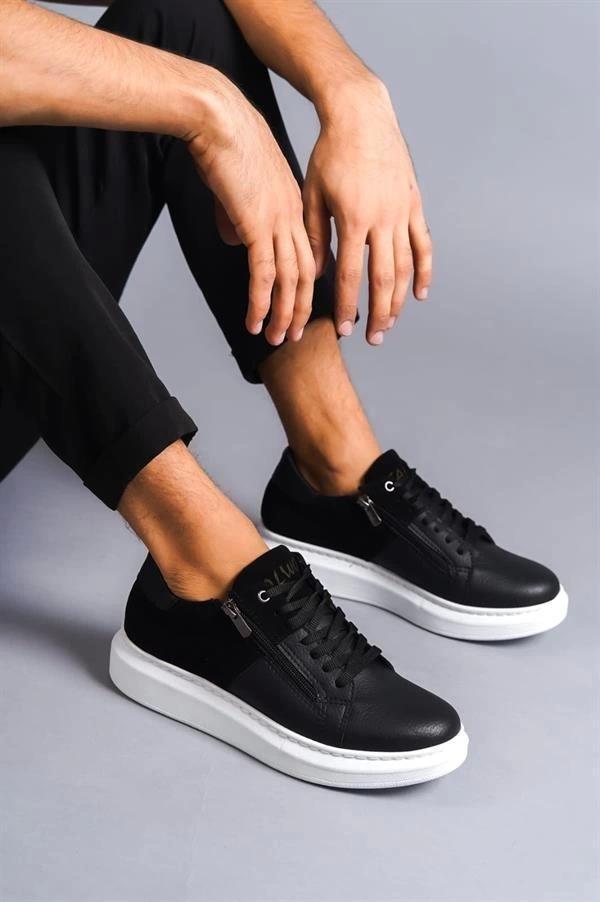 SLW155 Warrior Bağcıklı ve Fermuarlı Cilt Süet Erkek Günlük Sneaker Ayakkabı CSBT - Siyah - Image 1