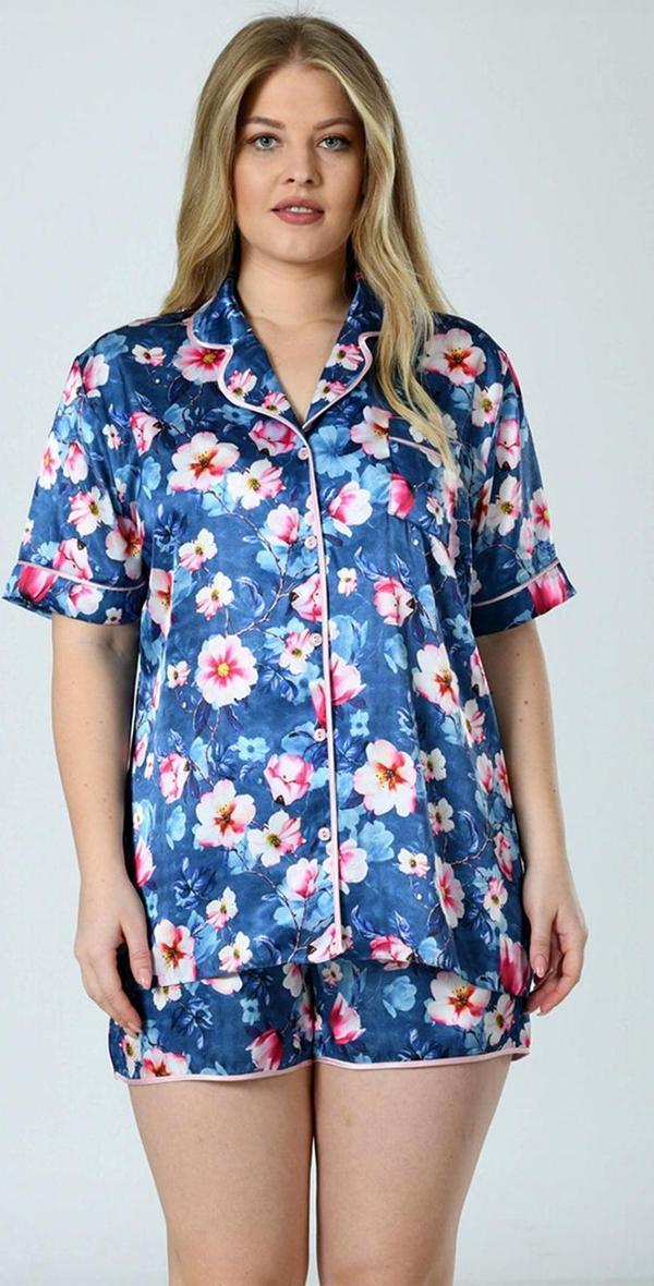Lüks Kutulu Saten Gömlek Şortlu Pijama Takımı – Dantel Kollu, Kore İpeği Dokulu - Image 1