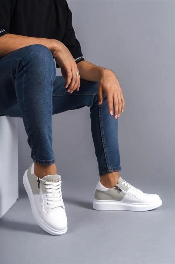 SLW155 Warrior Bağcıklı ve Fermuarlı Cilt Süet Erkek Günlük Sneaker Ayakkabı CSBT - Beyaz/Gri - Image 1