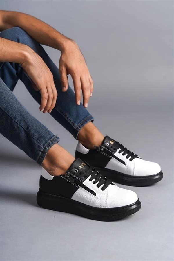 SLW155 Warrior Bağcıklı ve Fermuarlı Cilt Erkek Günlük Sneaker Ayakkabı CST - Siyah/Beyaz - Image 1
