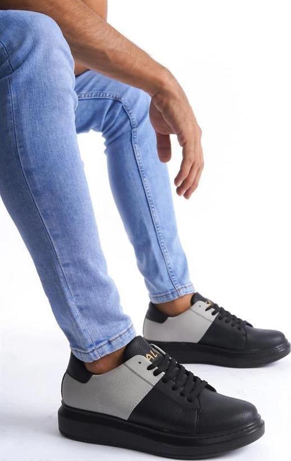 SLW151 Boost Bağcıklı Cilt Süet Erkek Günlük Sneaker Ayakkabı CSST - Siyah/Gri - Image 1