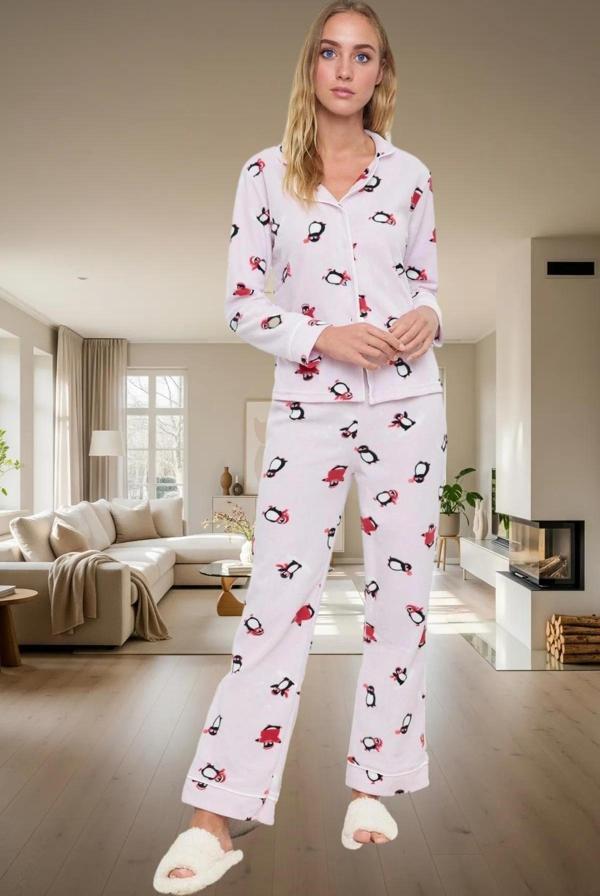Rahat Kışlık Pijama Takımı Penguen Desenli Polar Örme Boru Paça Konforlu Kesim - Image 1
