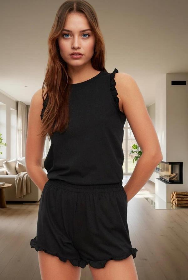 Pamuklu Örme Pijama Takımı Kalpli Desenli Büzgülü Kol Kısa Paça Regular Kalıp Konforlu Kesim - Image 1