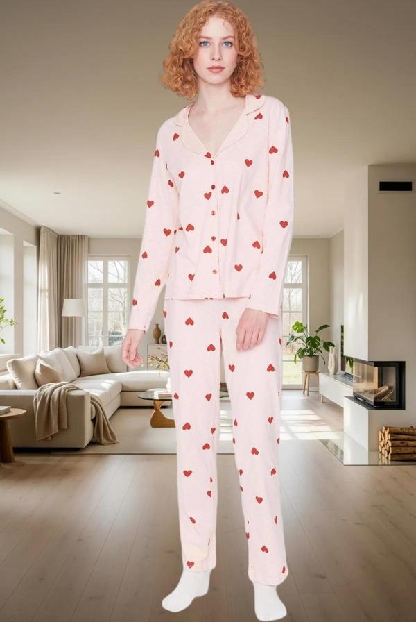 Kışlık %100 Pamuklu Pijama Takımı Kalpli Desenli Rahat Profesyonel Görünüm Ve Şık - Image 1
