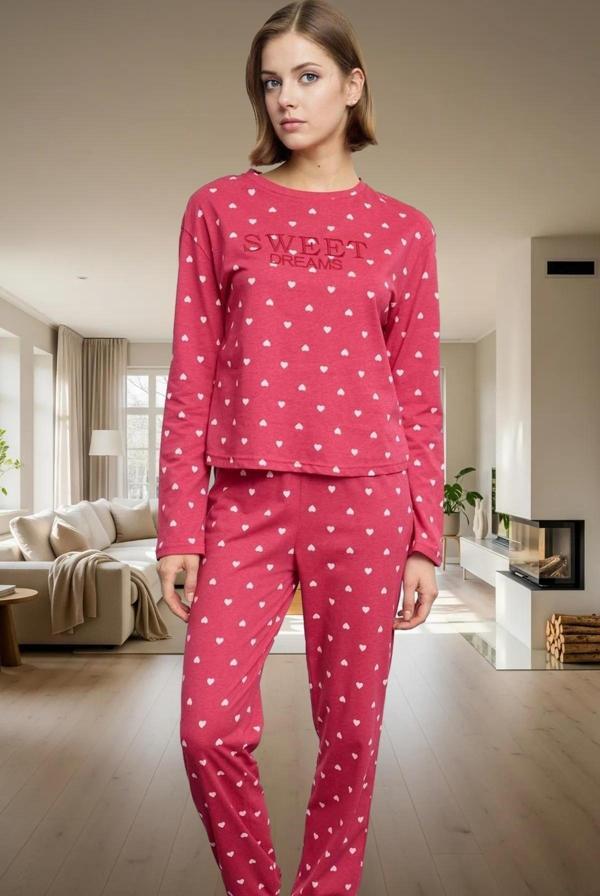 Pamuklu Örme Pijama Takımı Kalpli Desen Lastikli Paça Rahat Uyku Uzun Ömürlü Yüksek Kalite - Image 1