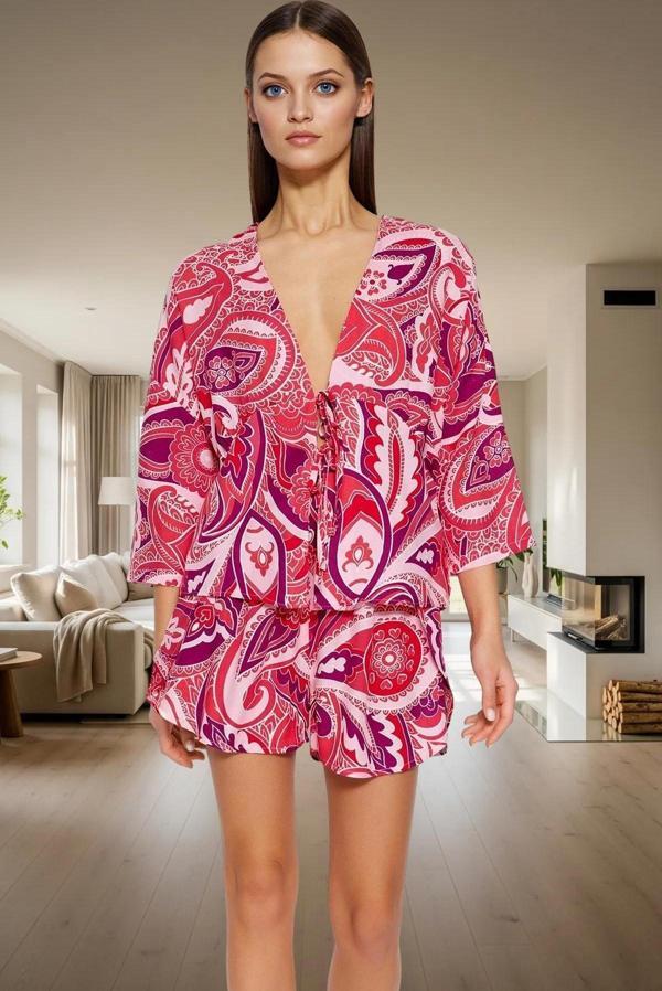 Rahat Viskoz Pijama Takımı Etnik Desenli Bağlamalı Şortlu Homewear Ve Şık Özenle Seçilmiş - Image 1