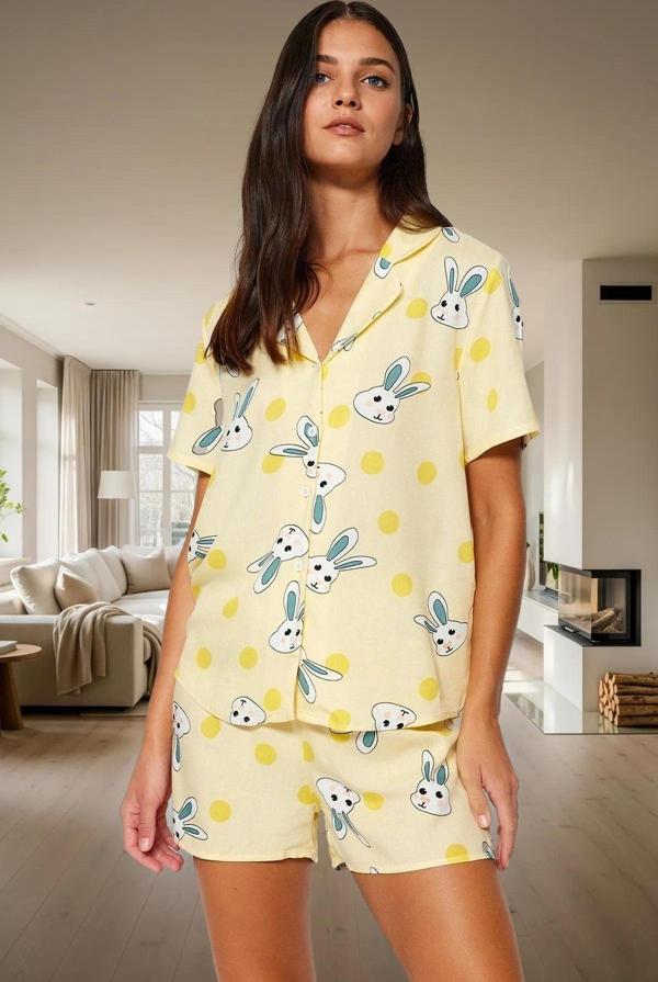 Rahat Viskon Pijama Tavşan Desenli Kısa Kollu Regular Kalıp Premium Kalite Uzun Ömürlü - Image 1
