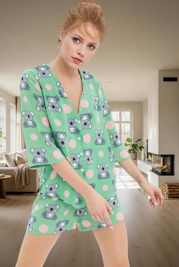 Yazlık Viskoz Pijama Takımı Koala Desenli Shally Dokuma Rahat Kalıp Premium Kalite Uzun Ömürlü - Image 1