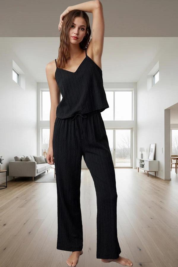 Rahat Geniş Paça Pijama Takımı Viskonlu Crinkle Dokuma Profesyonel Görünüm Ve Şık - Image 1