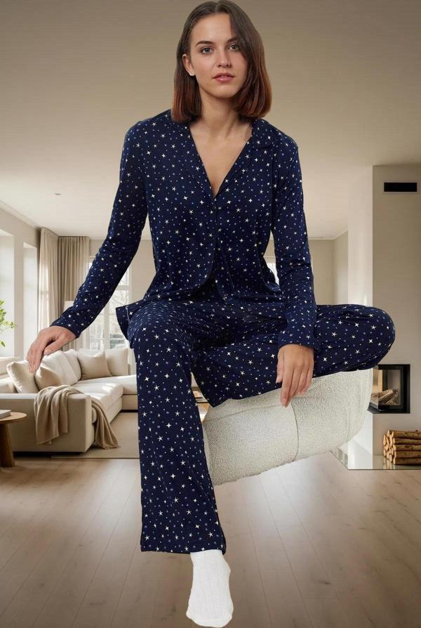 Yıldız Desenli %100 Pamuklu Rahat Pijama Takımı Kullanım Özenle Seçilmiş - Image 1