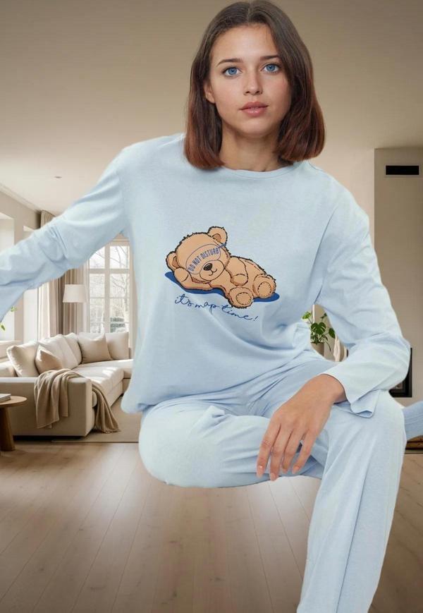 Ayıcık Baskılı Pamuklu Pijama Takımı Uzun Kollu Geniş Paça Regular Rahat Ve Şık - Image 1