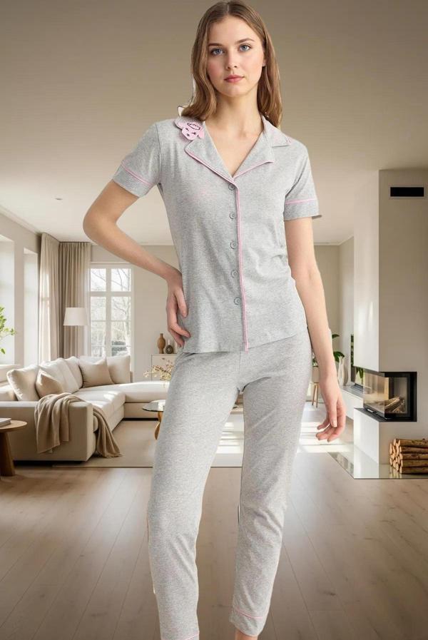 Kısa Kollu Örme Pijama Takımı Kuzu Baskılı Rahat Kalıp Pamuklu Kullanım - Image 1