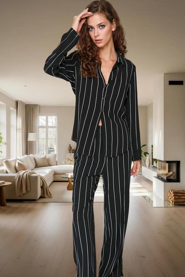 Rahat Ev Giyim Takımı %100 Viskoz Yumuşak Dokuma Çizgili Desen Boru Paça Premium Kalite - Image 1