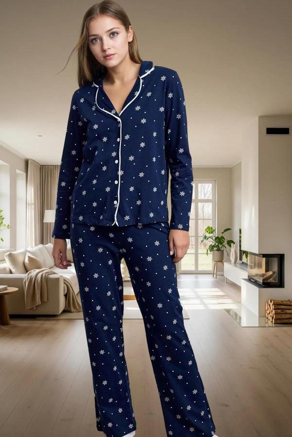 Biyeli Kışlık Pijama Takımı %100 Pamuk Örme Kumaş Rahat Kalıp Profesyonel Görünüm - Image 1