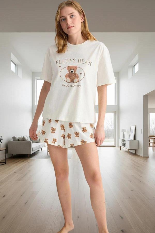 Rahat ve Şık Ayıcıklı Yazlık Pijama Takımı %100 Pamuk Dayanıklı Malzeme Mükemmel Uyum - Image 1