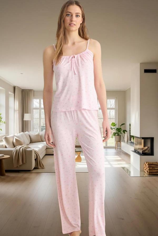 Rahat Viskoz Pijama Takımı; Çiçek Desenli İnce Askılı Normal Bel Geniş Paça Trend Tasarım - Image 1