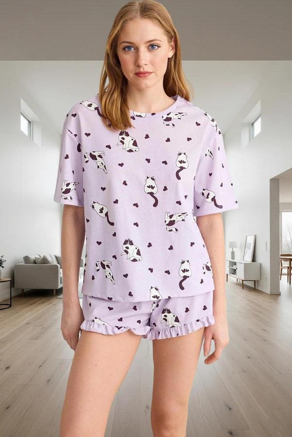 Rahat %100 Pamuklu Pijama Takımı Kedi Desenli Şort ve Tişört Zarifane Tasarım Kullanım - Image 1