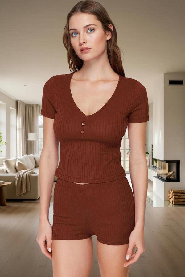 2'li Pijama Takımı Nefes Alan Pamuk Polyester V Yaka Regular Fit Yazlık Mükemmel Uyum - Image 1