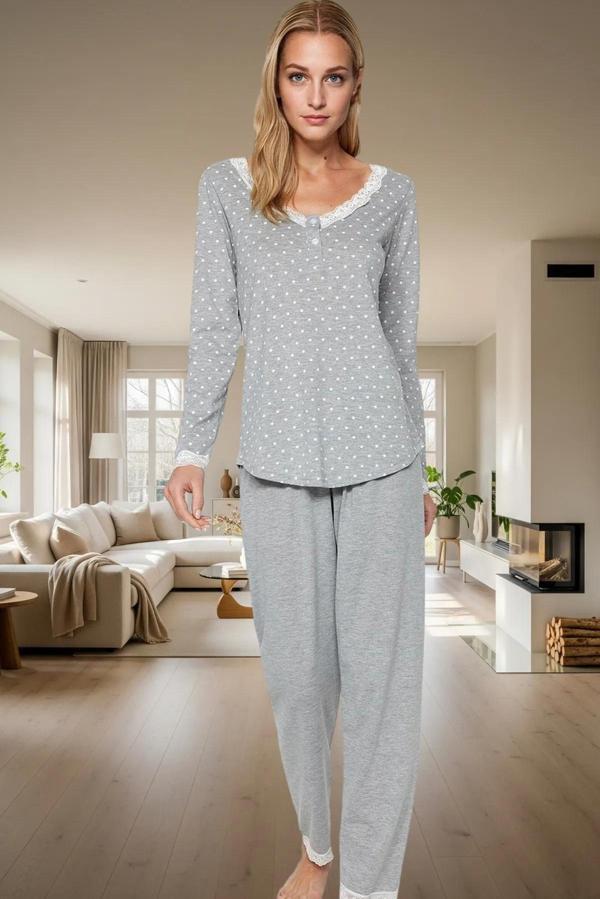 Rahat Pijama Takımı Pamuklu Örme Puantiyeli Desen Dantel Detay Günlük Kullanım İçin - Image 1